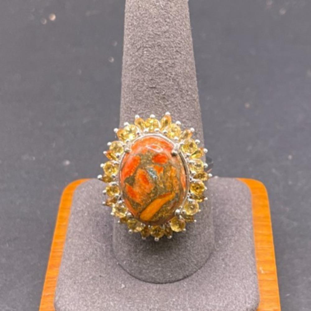 STS 925 Sterling Silver Orange Jasper Yellow Citrine Halo Statement Ring Size 10